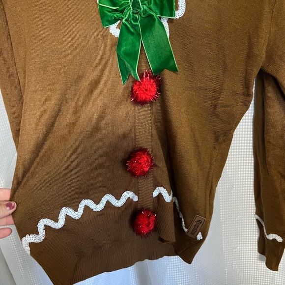 Tipsy Elves Brown V-Neck Sweater with Red and Green Accents - Picture 2 of 9